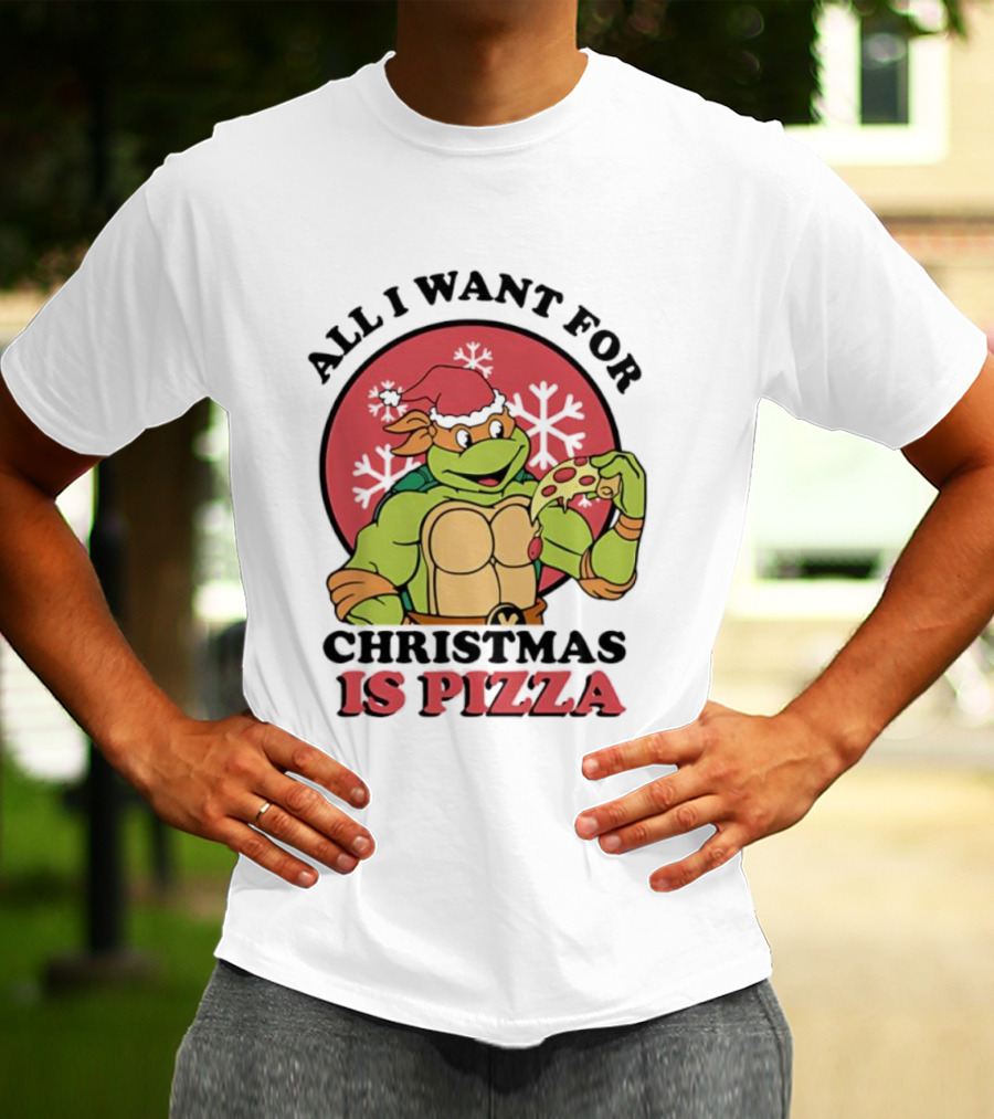All I Want For Christmas Is Pizza Teenage Mutant Ninja Turtles Santa Hat Michelangelo T-Shirt