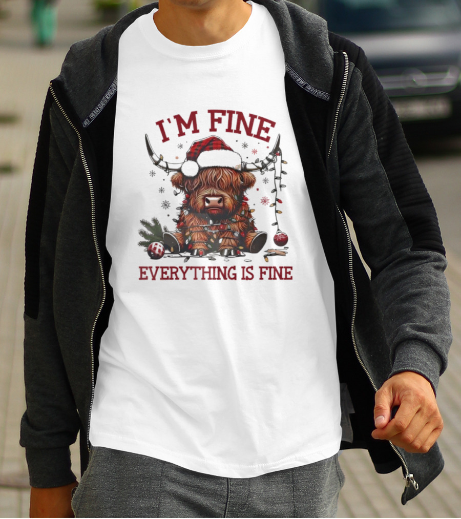 I'm Fine Everything Is Fine Christmas Lights Cow Holiday T-Shirt