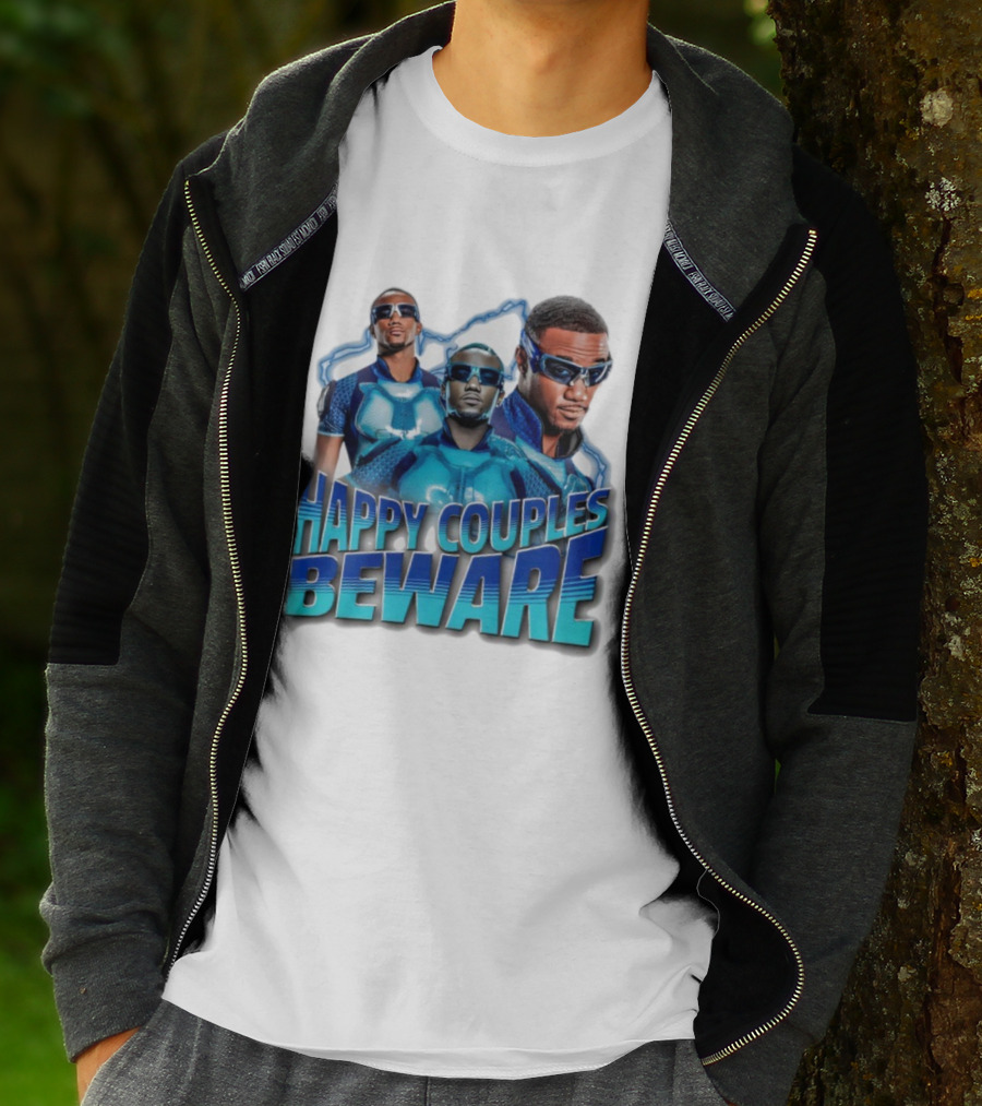Happy Couples Beware Blue Outfits And Sunglasses Trio T-Shirt