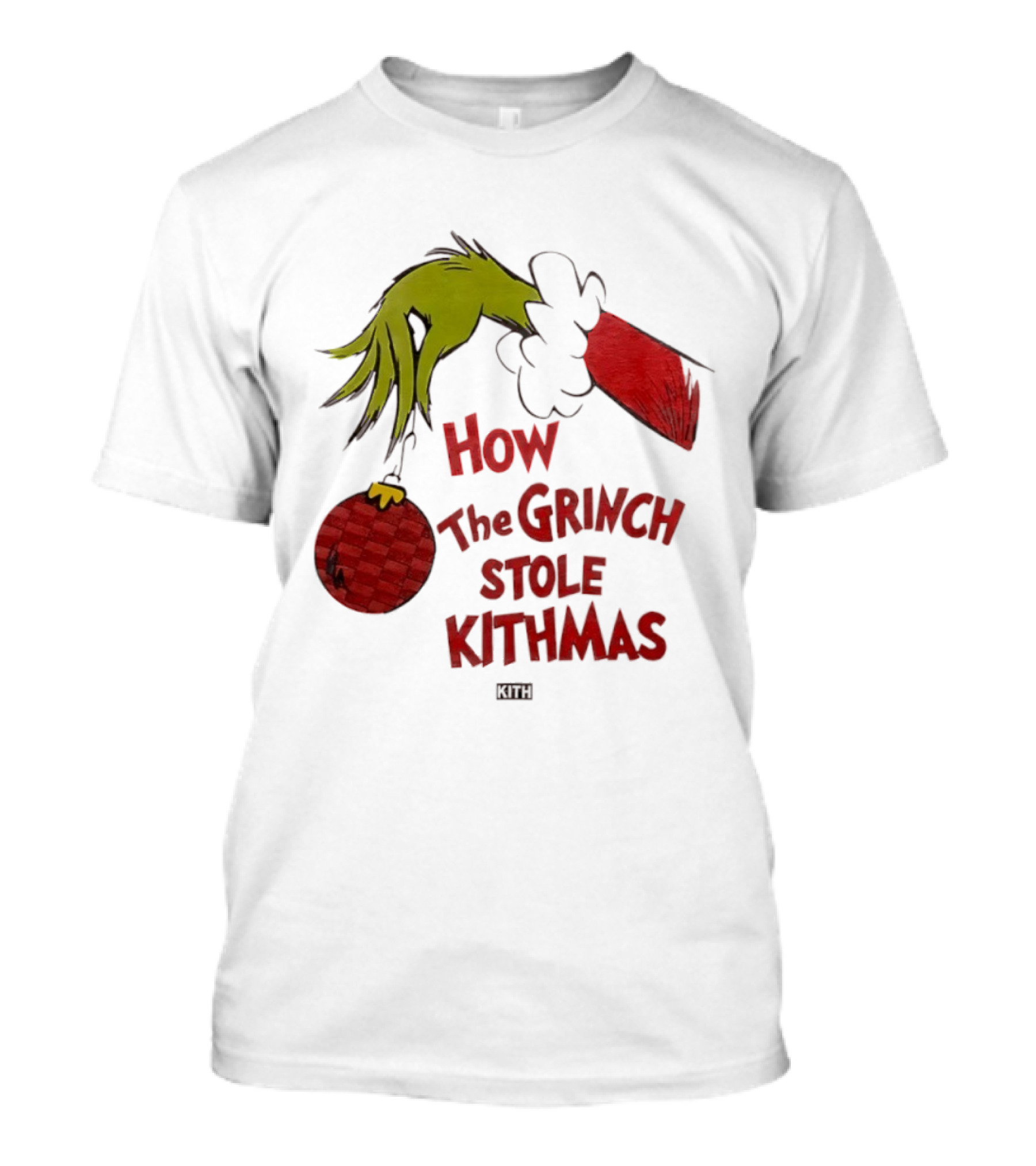 How The Grinch Stole Kithmas Green Figure Red Santa Hat Red Ornament T-Shirt