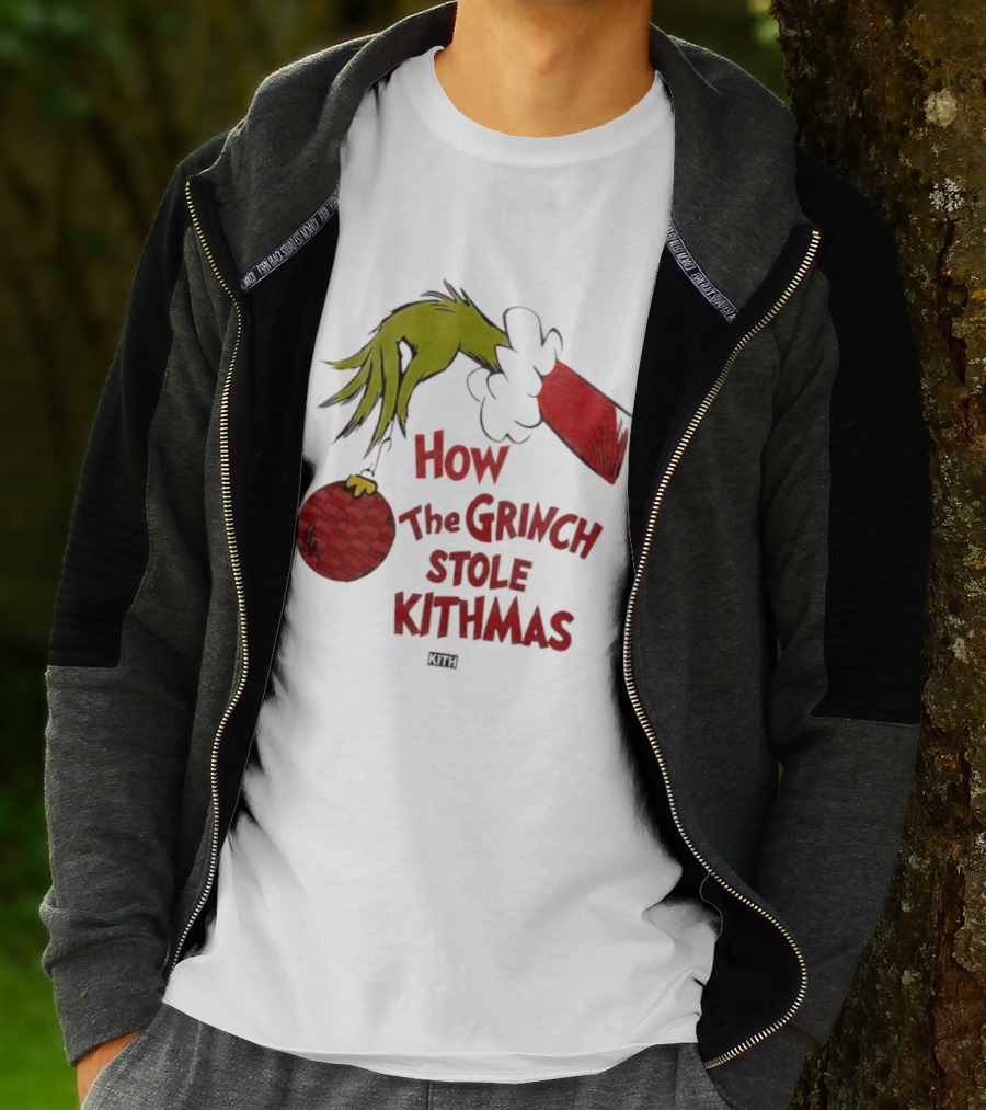 How The Grinch Stole Kithmas Green Figure Red Santa Hat Red Ornament T-Shirt