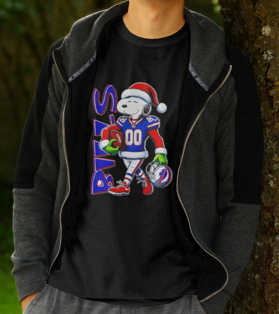 Buffalo Bills Snoopy Christmas NFL Football Player With Santa Hat And Grinch Hands T-Shirt