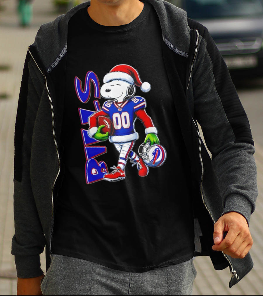 Buffalo Bills Snoopy Christmas NFL Football Player With Santa Hat And Grinch Hands T-Shirt