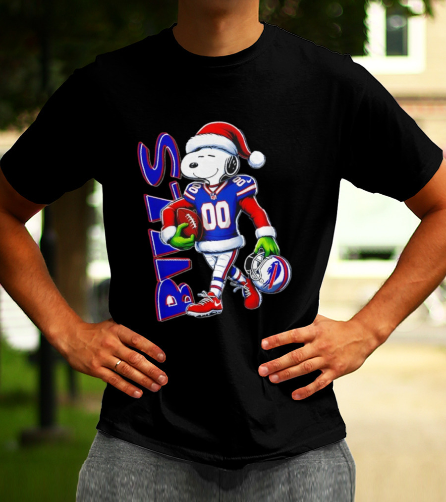 Buffalo Bills Snoopy Christmas NFL Football Player With Santa Hat And Grinch Hands T-Shirt