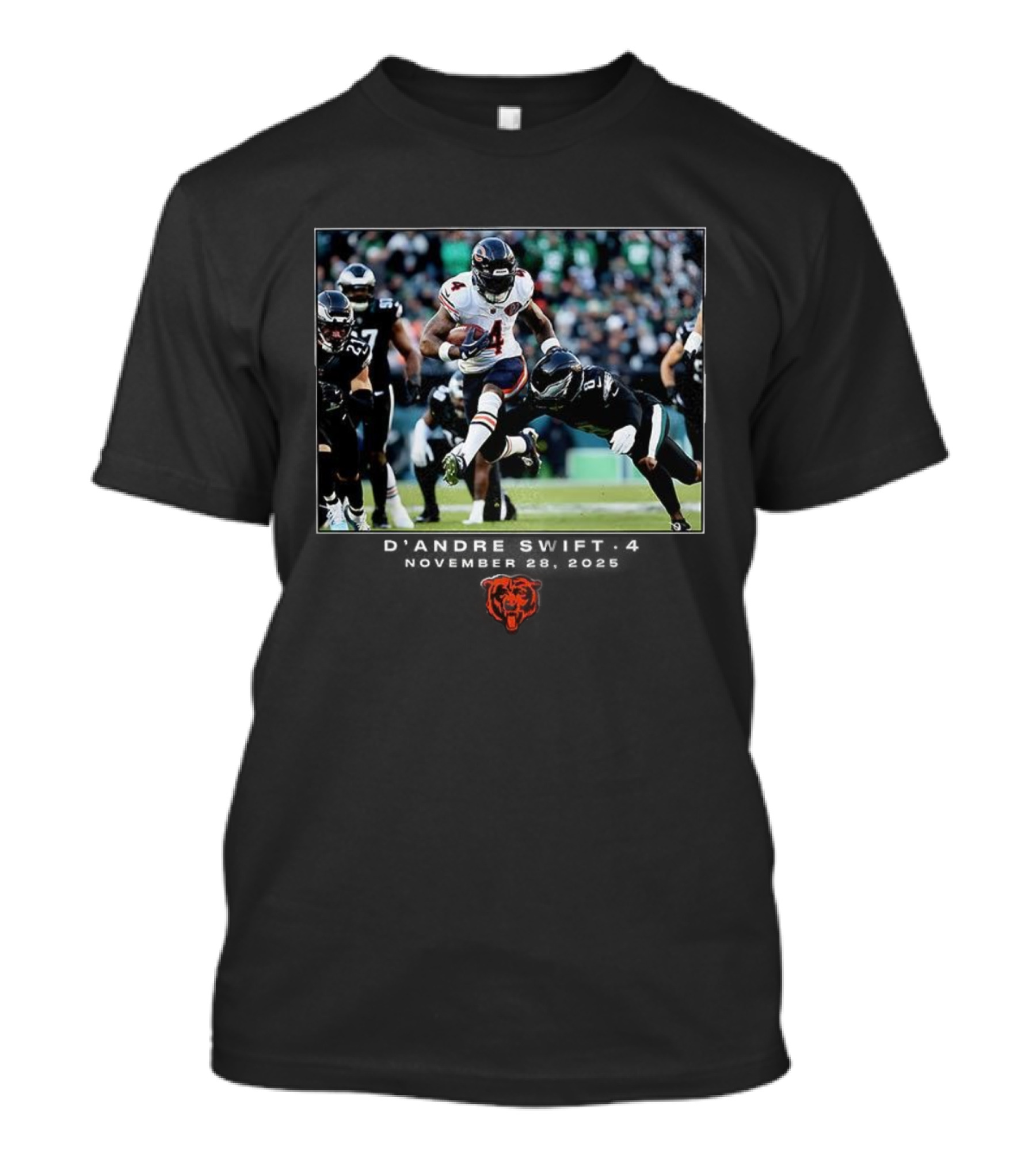 D’Andre Swift Number 4 Chicago Bears NFL December 28 2025 Game Moment T-Shirt