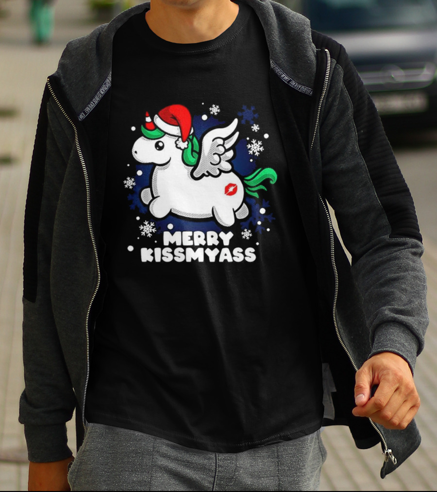 Merry Kissmyass Pegasus Santa Hat Snowflakes T-Shirt
