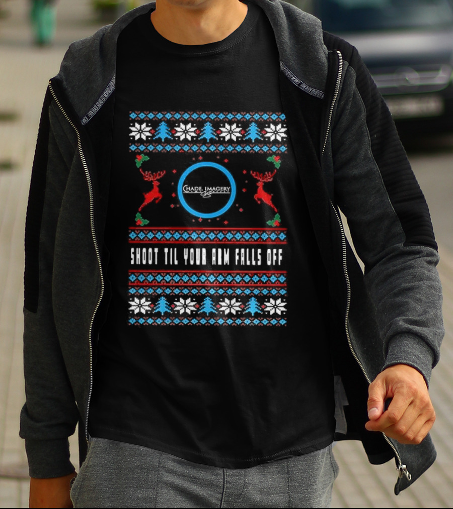 Shoot Till Your Arm Falls Off Ugly Christmas Sweater Reindeer Target Theme T-Shirt