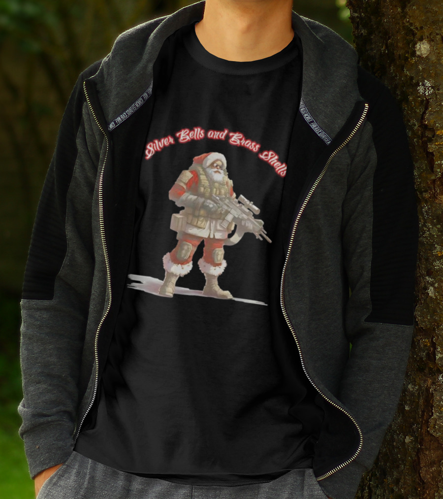 Silver Bells And Brass Shells Armed Santa Christmas T-Shirt