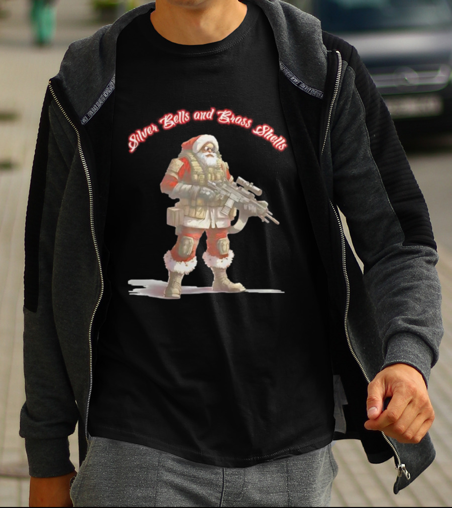 Silver Bells And Brass Shells Armed Santa Christmas T-Shirt