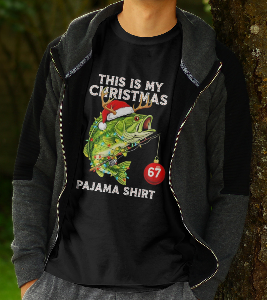 This Is My Christmas Pajama Bass Fish Santa Hat Lights Reindeer Antlers 67 Ornament T-Shirt