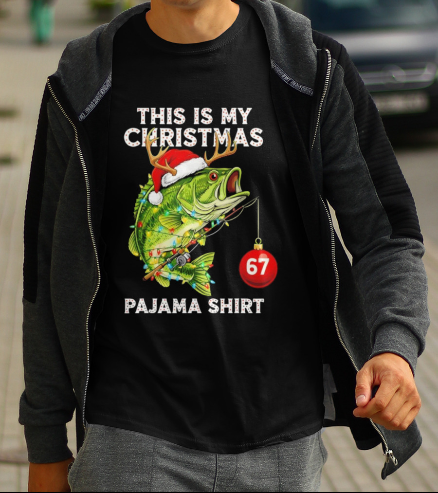 This Is My Christmas Pajama Bass Fish Santa Hat Lights Reindeer Antlers 67 Ornament T-Shirt