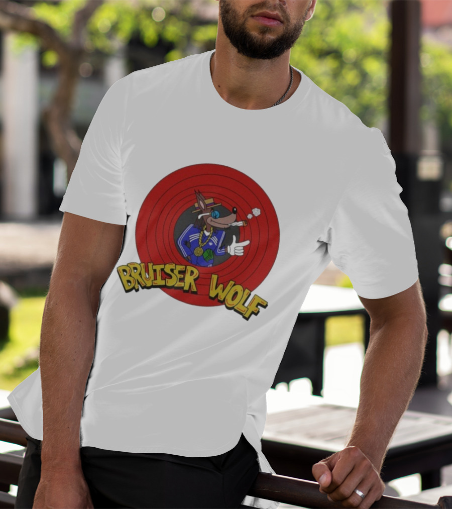 Bruiser Wolf Cartoon Vibes Smoking Character In Circular Red Background T-Shirt