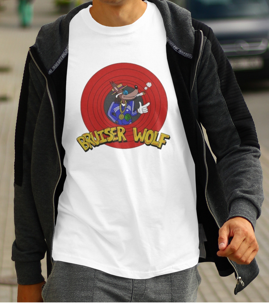 Bruiser Wolf Cartoon Vibes Smoking Character In Circular Red Background T-Shirt