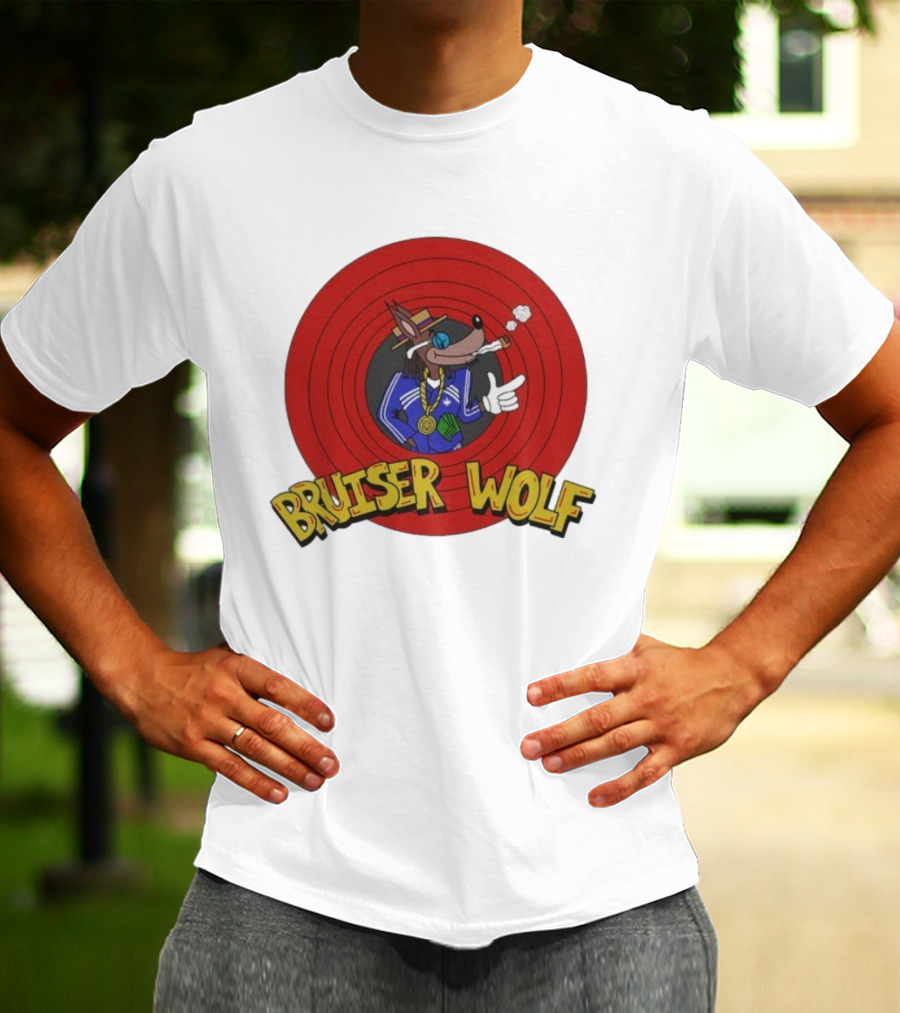 Bruiser Wolf Cartoon Vibes Smoking Character In Circular Red Background T-Shirt
