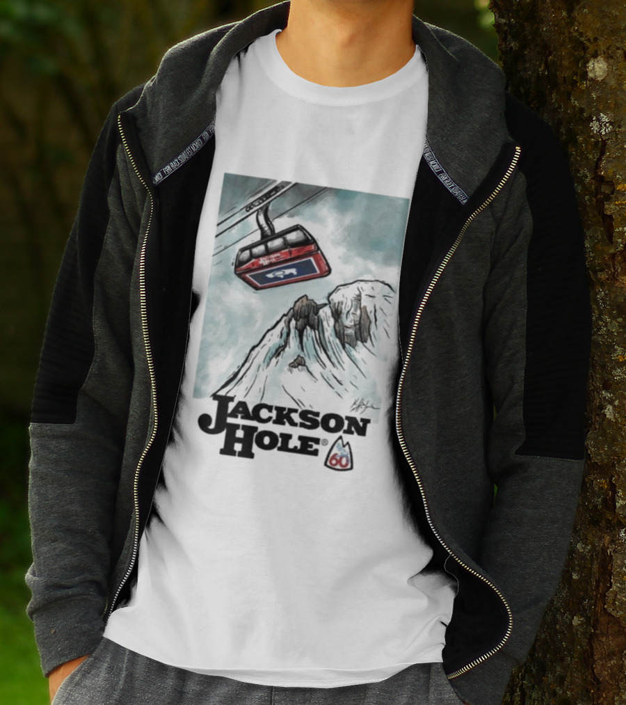 Jackson Hole 60th Anniversary Kelly Halpin Ski Tram Mountain Scene T-Shirt