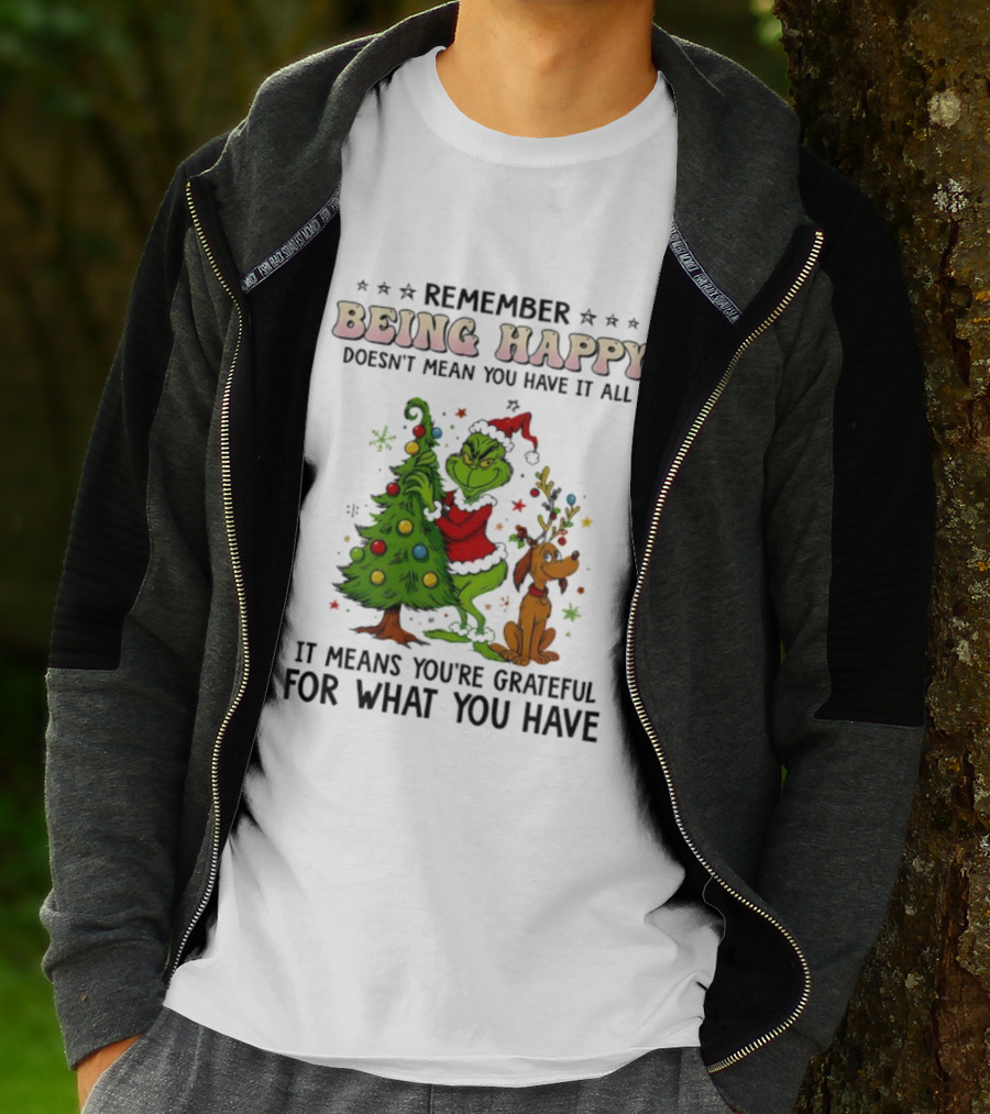 Being Happy Grateful Christmas Tree And Dog T-Shirt