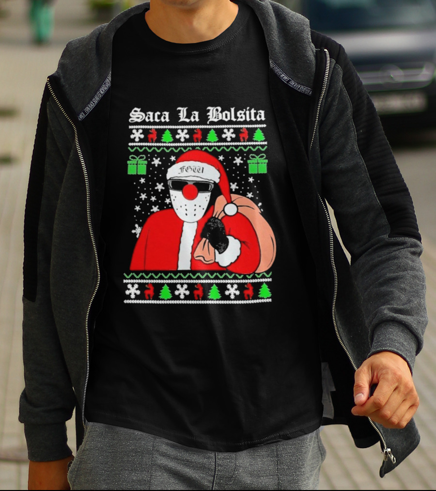 Saca La Bolsita Ugly Xmas Santa With Sunglasses And Bag Snowflakes Christmas Trees T-Shirt