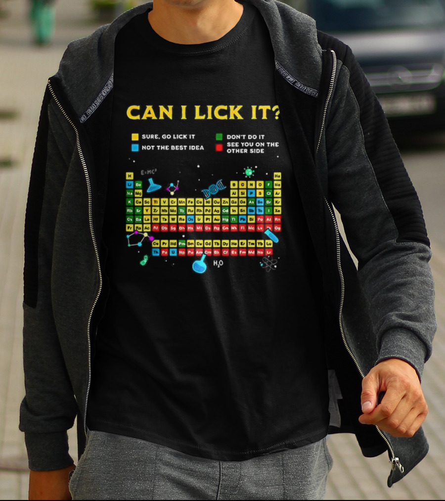 Can I Lick It Periodic Table Humor Guide Funny Chemistry Elements T-Shirt