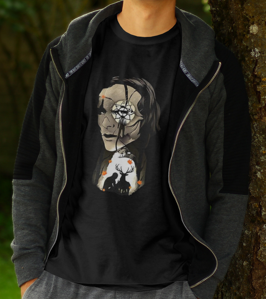 The Gentle Monster Face And Autumn Leaves With Silhouettes Of People And Deer T-Shirt