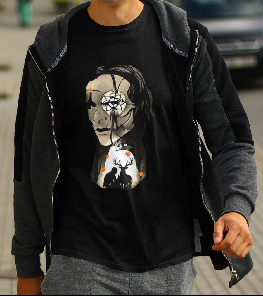 The Gentle Monster Face And Autumn Leaves With Silhouettes Of People And Deer T-Shirt