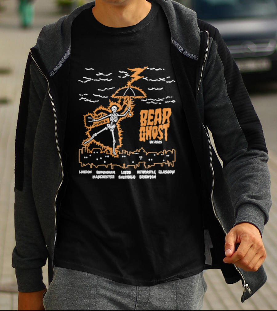 Bear Ghost UK Tour 2025 Skeleton Lightning Umbrella Cities Text T-Shirt