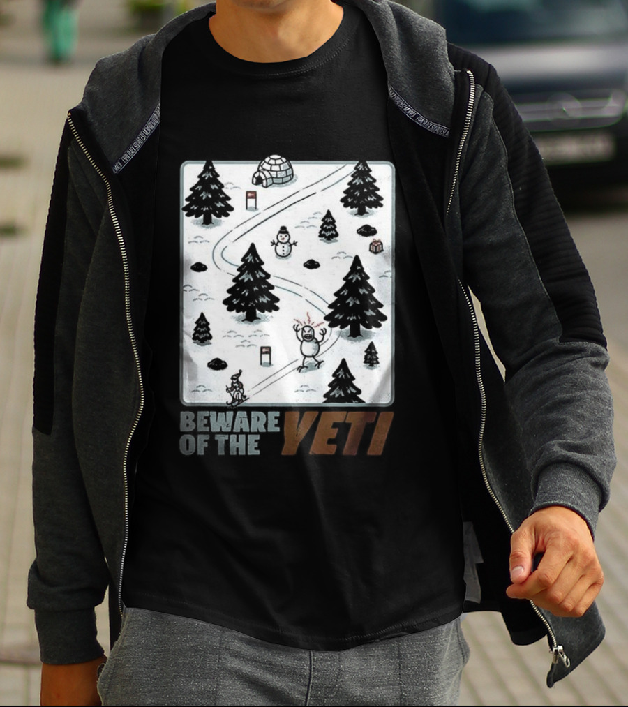 Beware Of The Yeti Funny Cartoon Ski Slope Scene T-Shirt