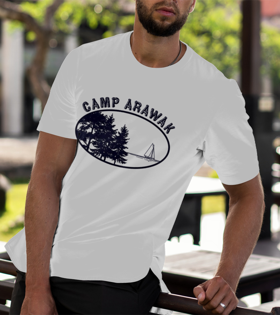 Camp Arawak Trees And Sailboat Scene T-Shirt