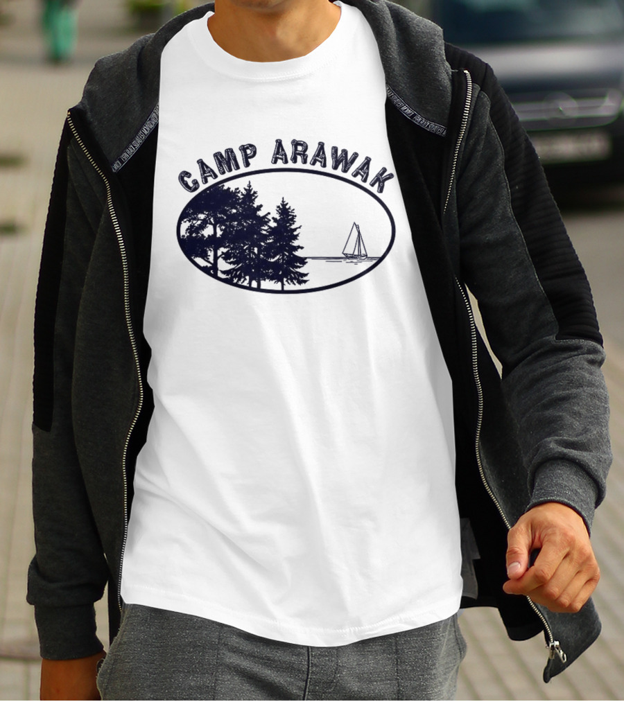 Camp Arawak Trees And Sailboat Scene T-Shirt
