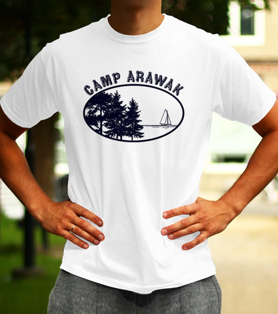 Camp Arawak Trees And Sailboat Scene T-Shirt