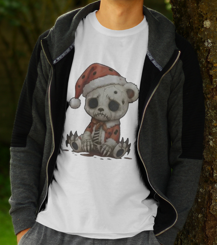 Merry & Boney Christmas Creepy Skeleton Teddy Bear Santa Hat T-Shirt