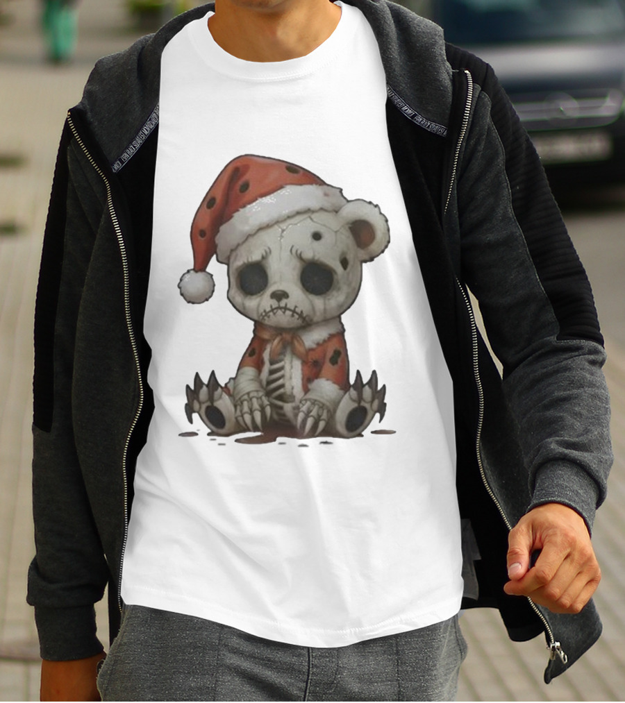 Merry & Boney Christmas Creepy Skeleton Teddy Bear Santa Hat T-Shirt