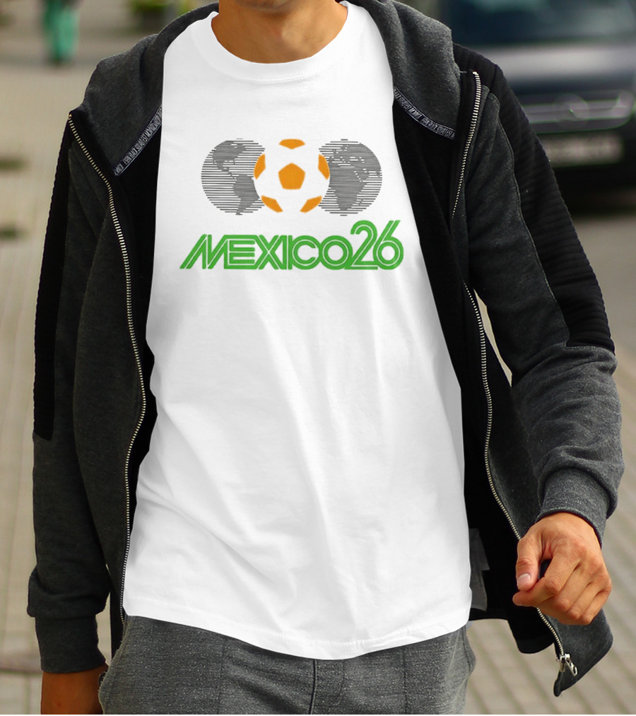 Mexico26 Soccer Ball Earth Symbol In Green And Orange T-Shirt