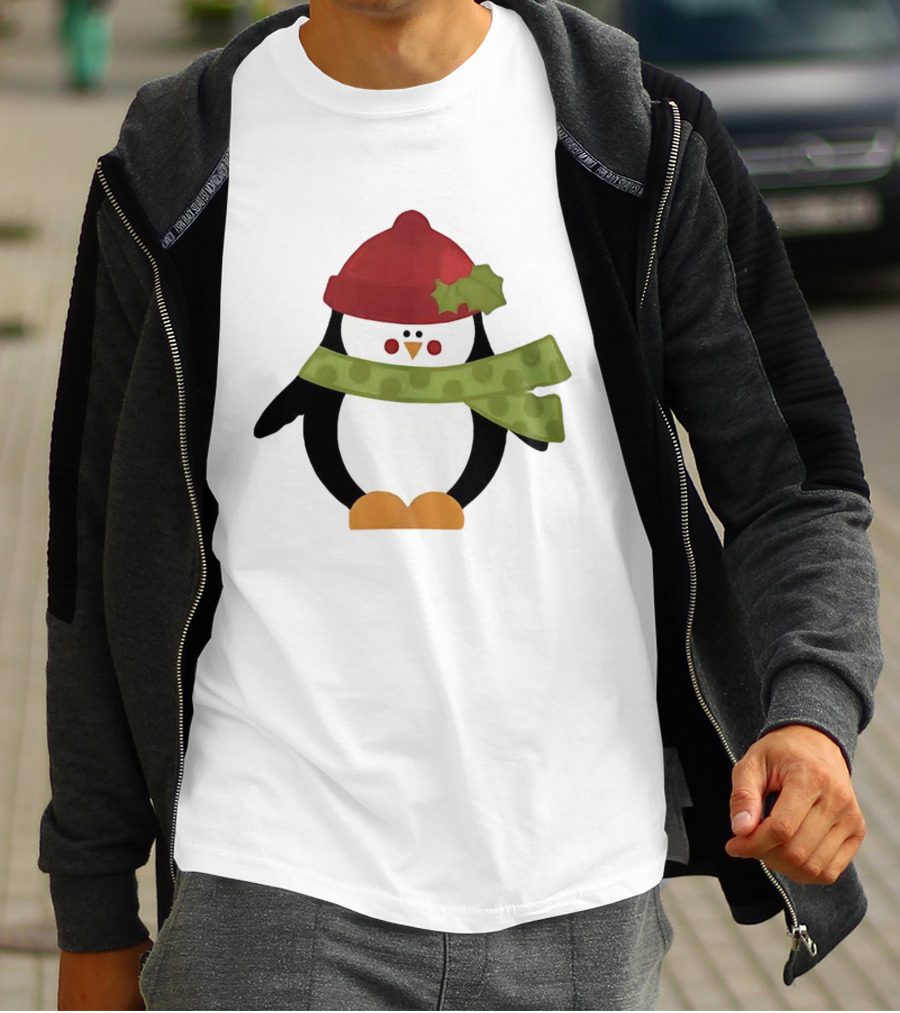 Cute Penguin Christmas Cartoon With Red Hat And Green Scarf T-Shirt