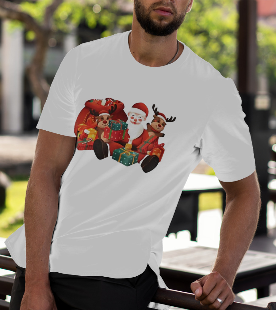 Santa Claus And Reindeer Holding Christmas Gifts With Sack And Ribbon T-Shirt