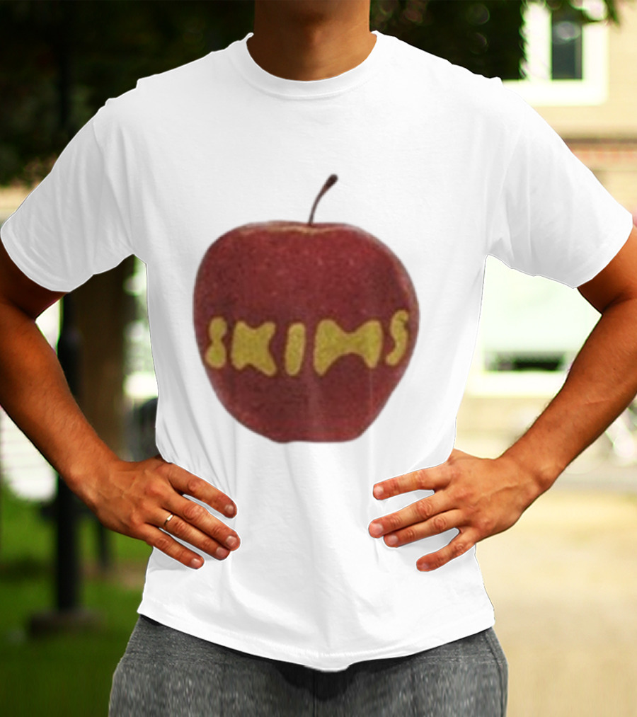 Skims Apple Bold Yellow Text On Red Apple T-Shirt