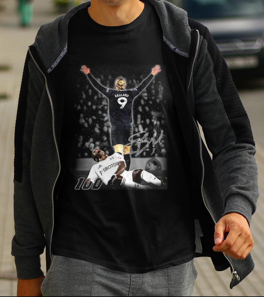 Erling Haaland 9 Manchester City 100th Goal Celebration Signature T-Shirt