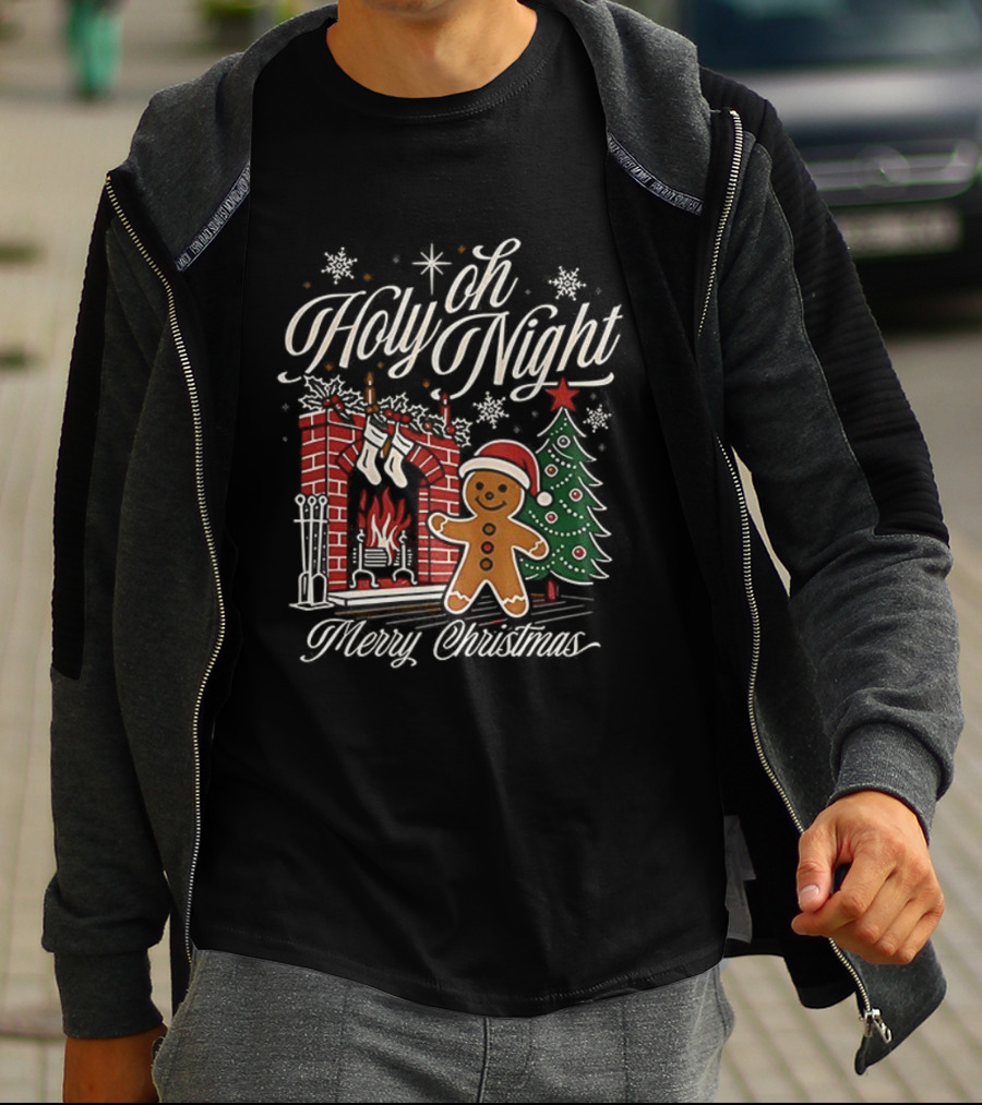Oh Holy Night Gingerbread Merry Christmas By The Fireplace Tree T-Shirt