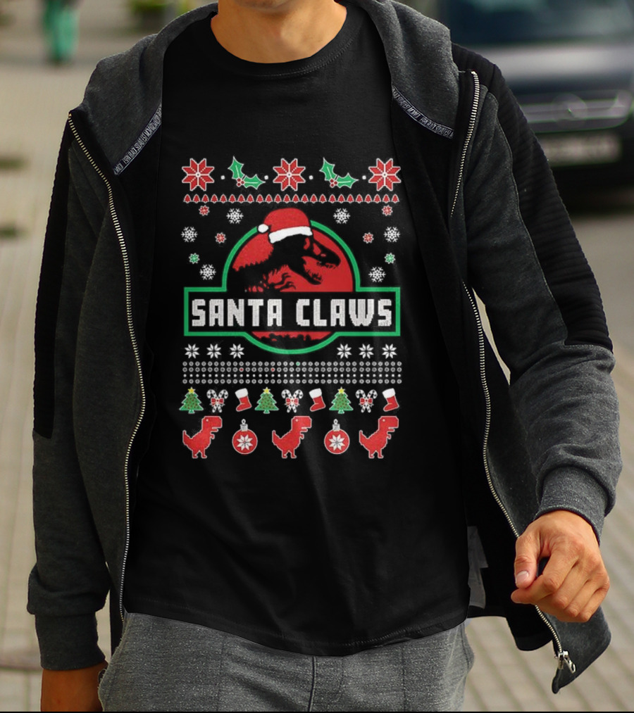 Junior Santa Claws Ho Ho Ho Ugly Christmas Sweater With Dinosaurs T-Shirt