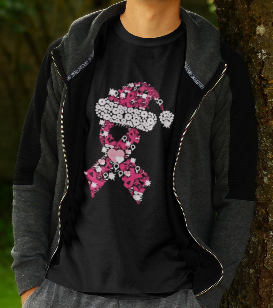 Santa Hat Breast Cancer Awareness Christmas Ribbon T-Shirt