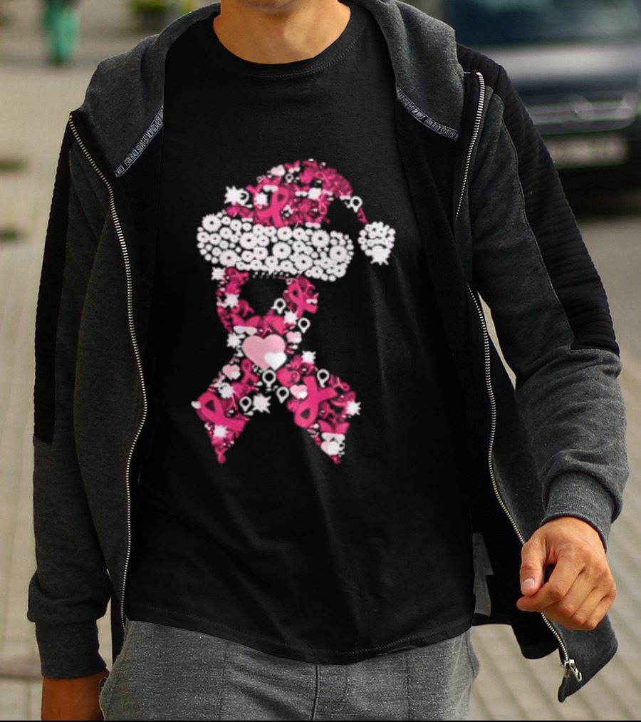 Santa Hat Breast Cancer Awareness Christmas Ribbon T-Shirt