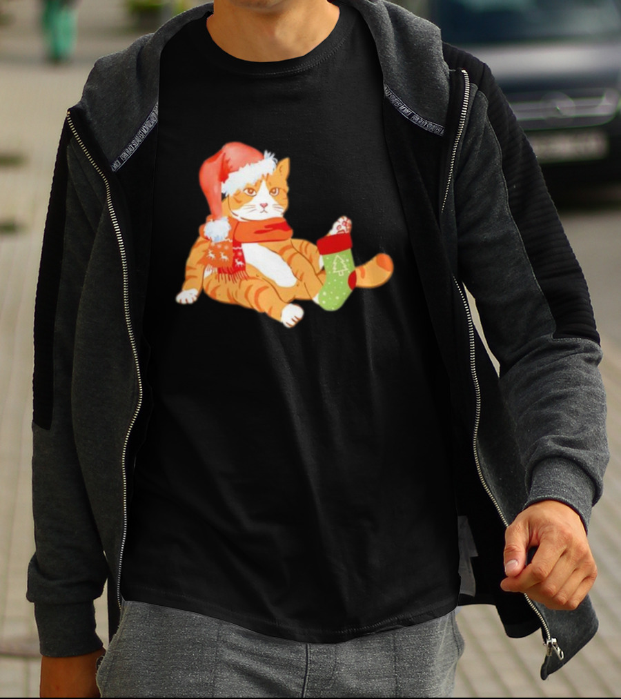 Cute Christmas Orange Cat Santa Hat Festive Stocking T-Shirt