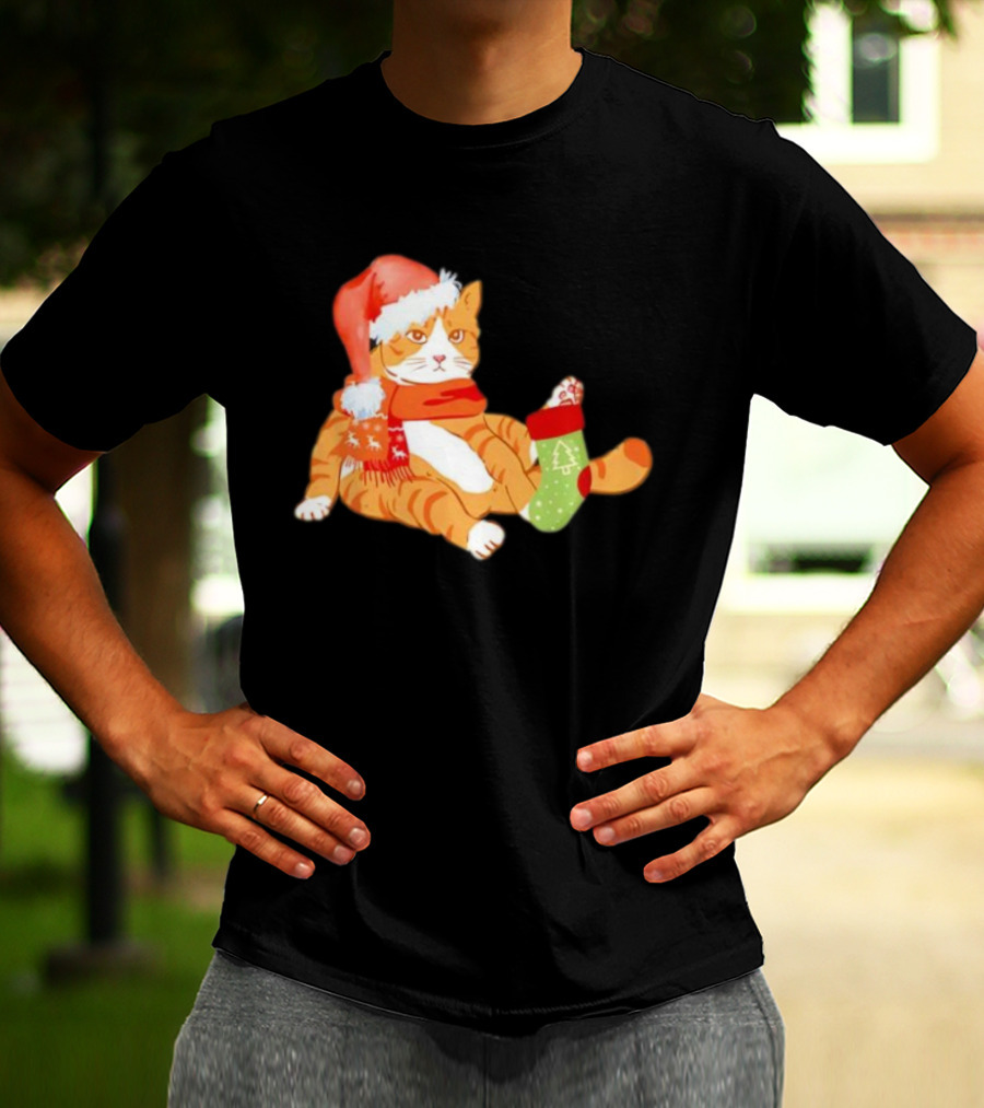 Cute Christmas Orange Cat Santa Hat Festive Stocking T-Shirt