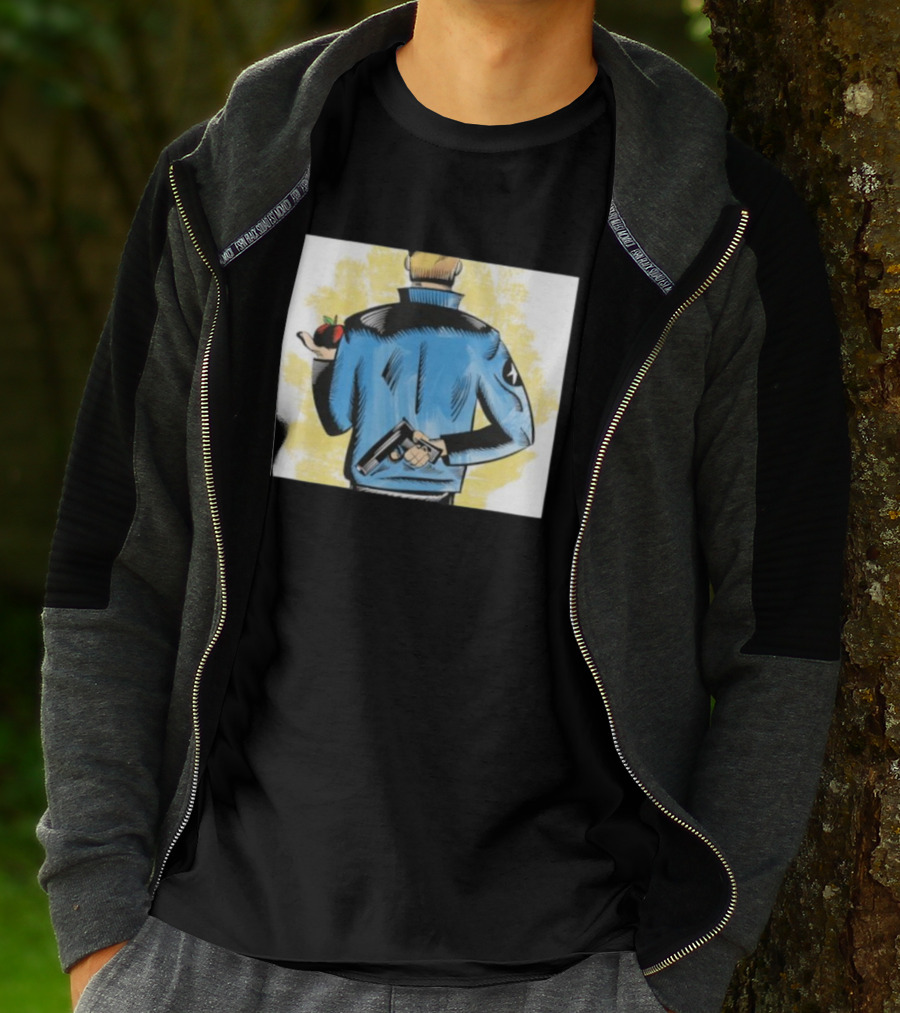 Deny Defend Depose Stylish Jacket Man Holding Gun And Apple T-Shirt