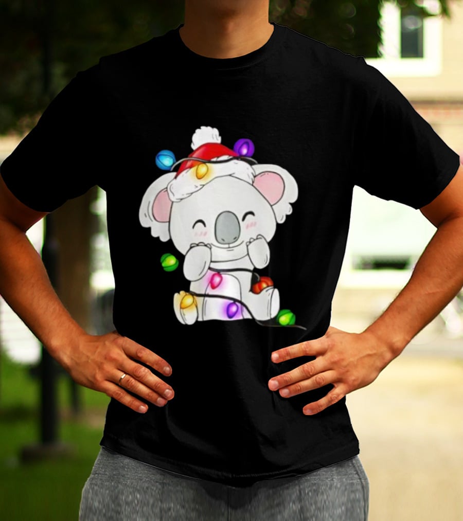 Koala Lover Christmas Lights Festive Santa Hat Cute Holiday Style T-Shirt