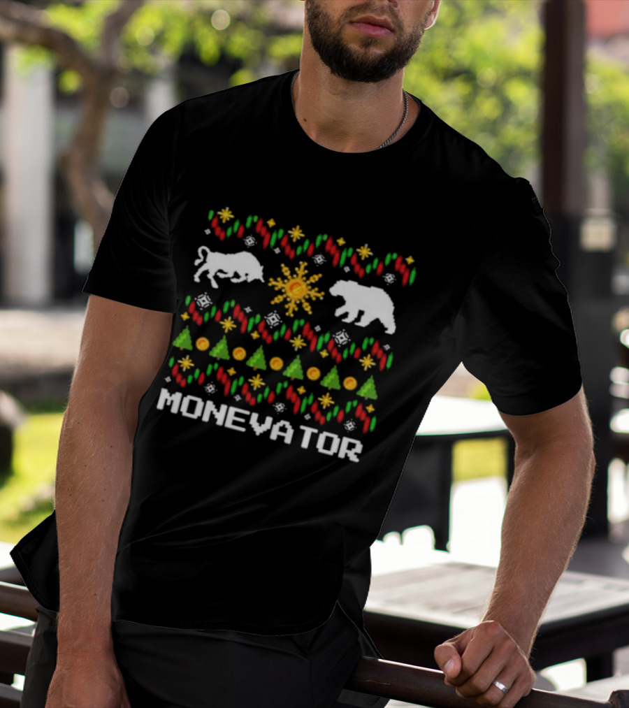 Monevator Buffalo Bear Holiday Pattern Christmas Snowflakes Trees T-Shirt