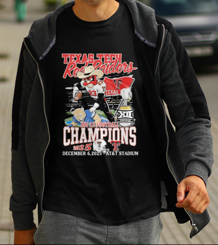 Texas Tech Red Raiders Big 12 Football Champions 2025 Victory Over Brigham Young Cougars December 6 Jones AT&T Stadium T-Shirt