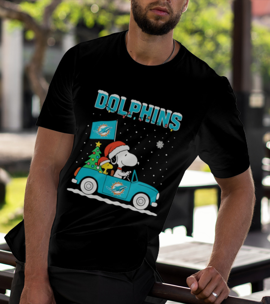 Snoopy WoodStock Santa Christmas Miami Dolphins Car Holiday Scene T-Shirt