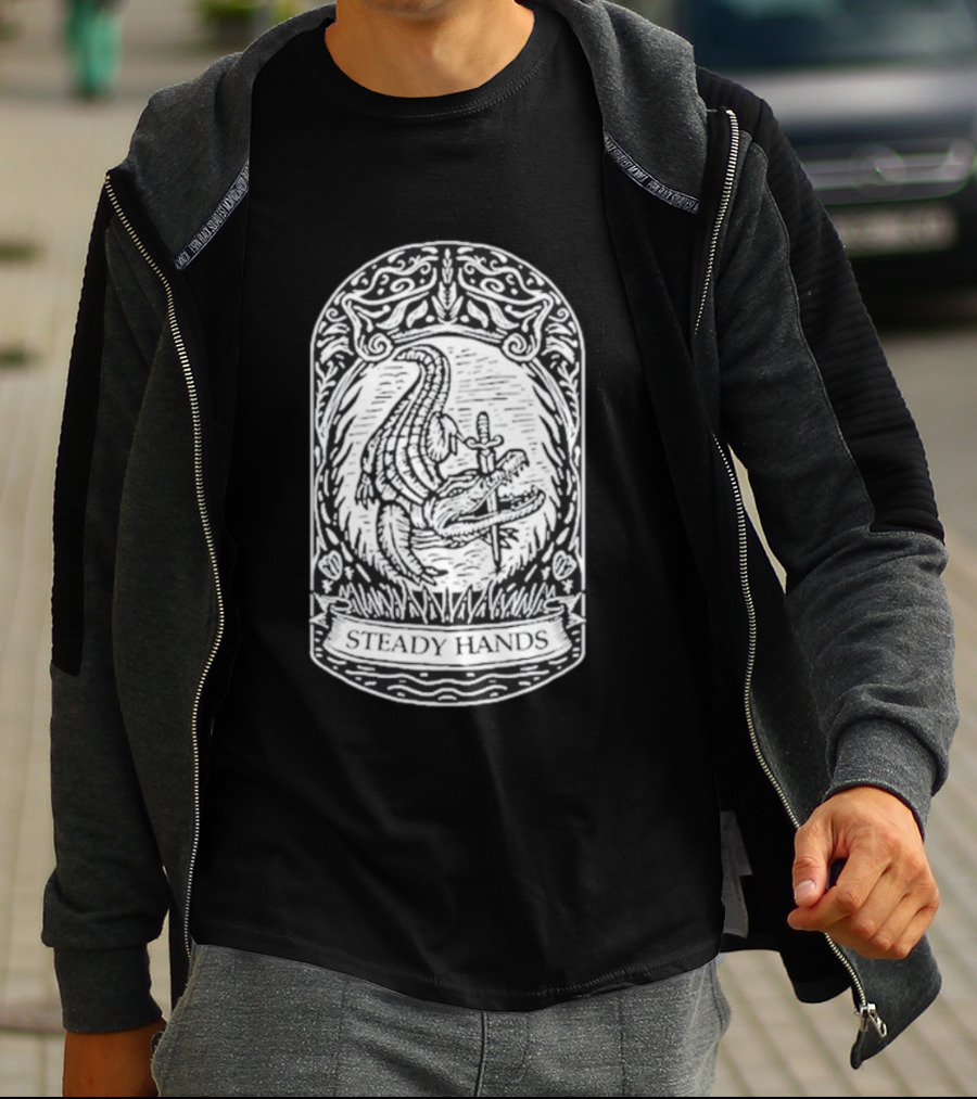 Steady Hands Crocodile Sword Banner T-Shirt
