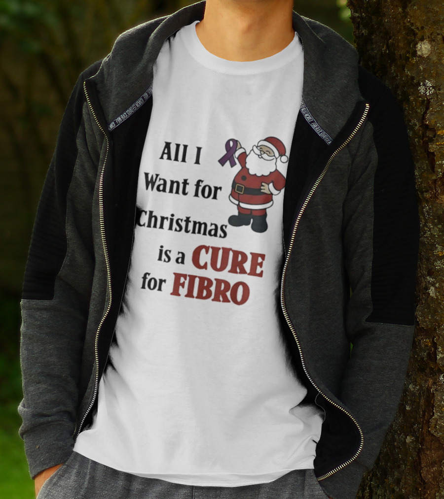 Santa Claus All I Want For Christmas Is A Cure For Fibro Purple Ribbon T-Shirt