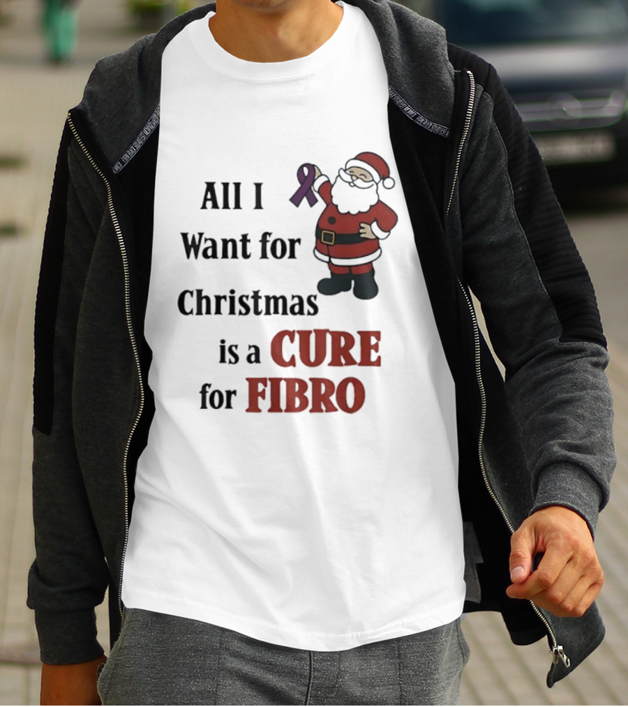 Santa Claus All I Want For Christmas Is A Cure For Fibro Purple Ribbon T-Shirt